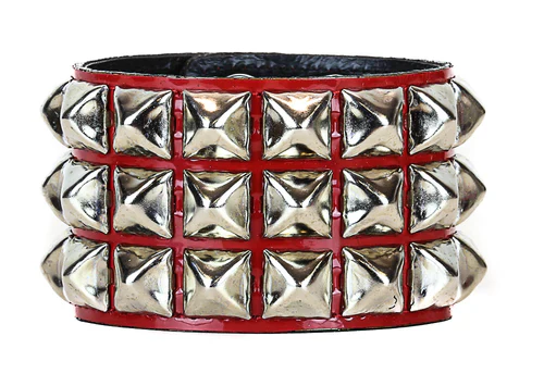 3 ROW PYRAMID RED STUD PATENT BRACELET