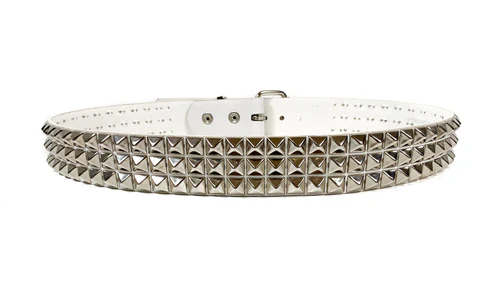 3 ROW SILVER PYRAMID BELT WHITE LEATHER