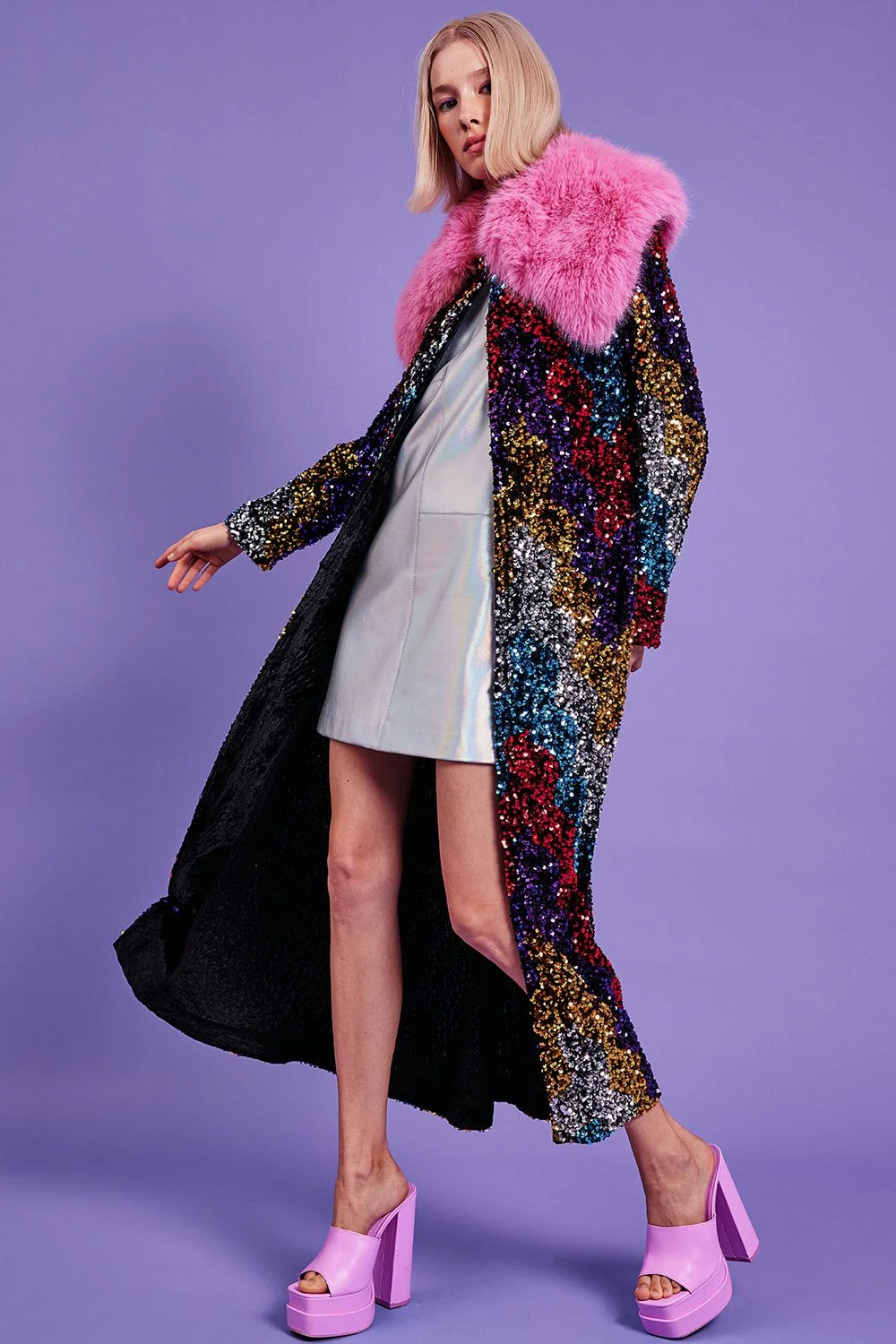 FAUX FUR TRIM SEQUIN TRENCH - Image 2