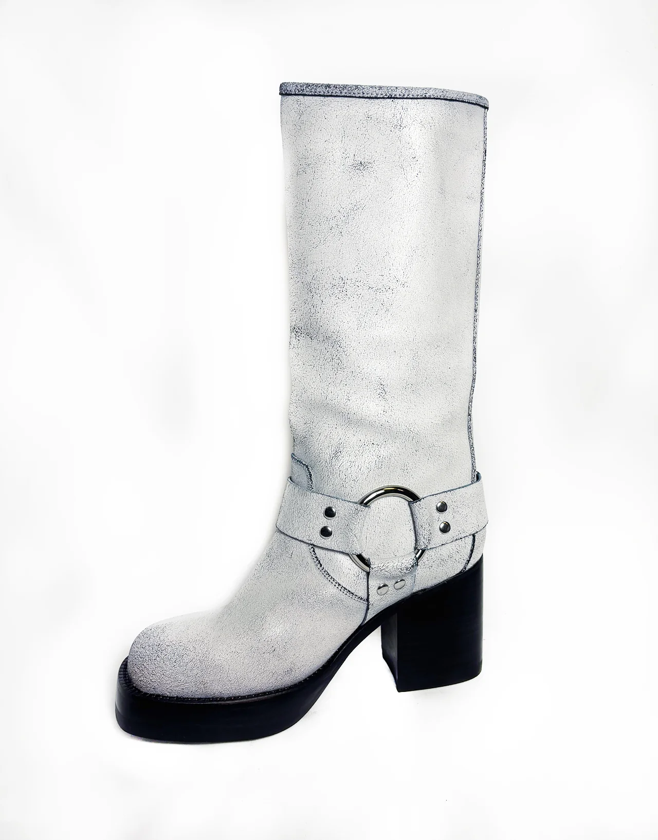PUNK-ZINE TALL BOOTS IN WHITE CRACKLE - Image 3