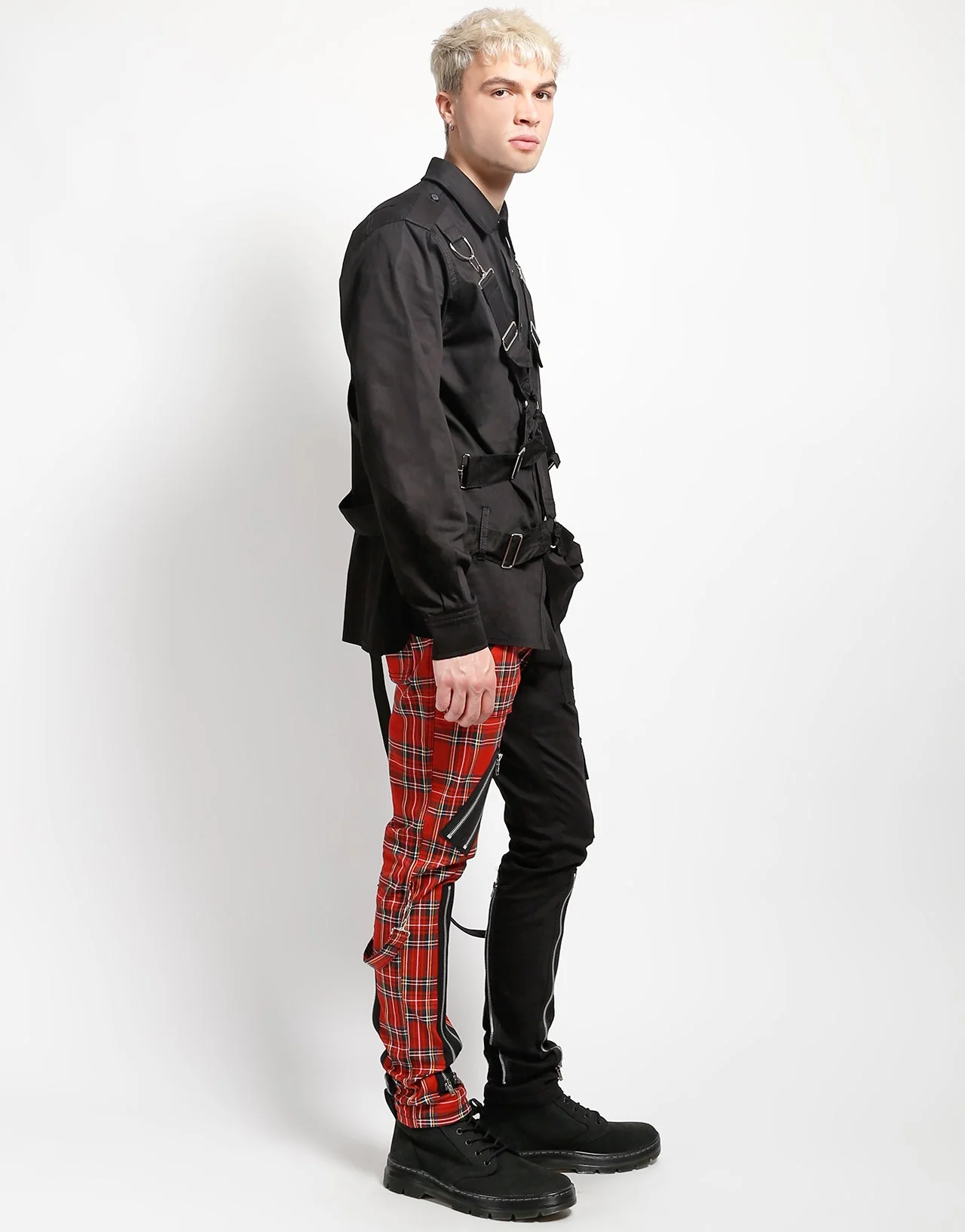 SPLIT LEG BONDAGE PANT BLK RED PLAID - Image 6