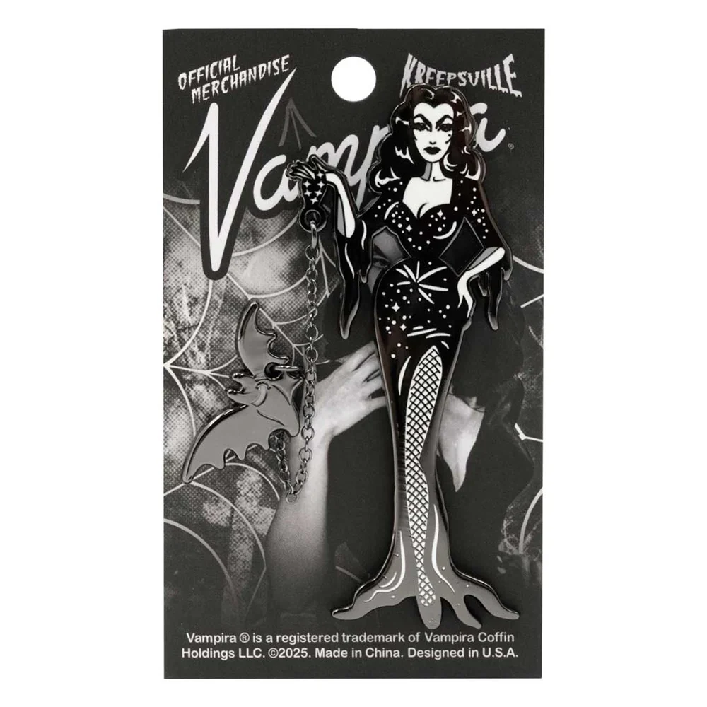 VAMPIRA WITH FLYING BAT ENAMEL PIN - Image 2